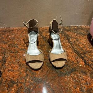 Tan and cream suede high heels with 3.5" heel
